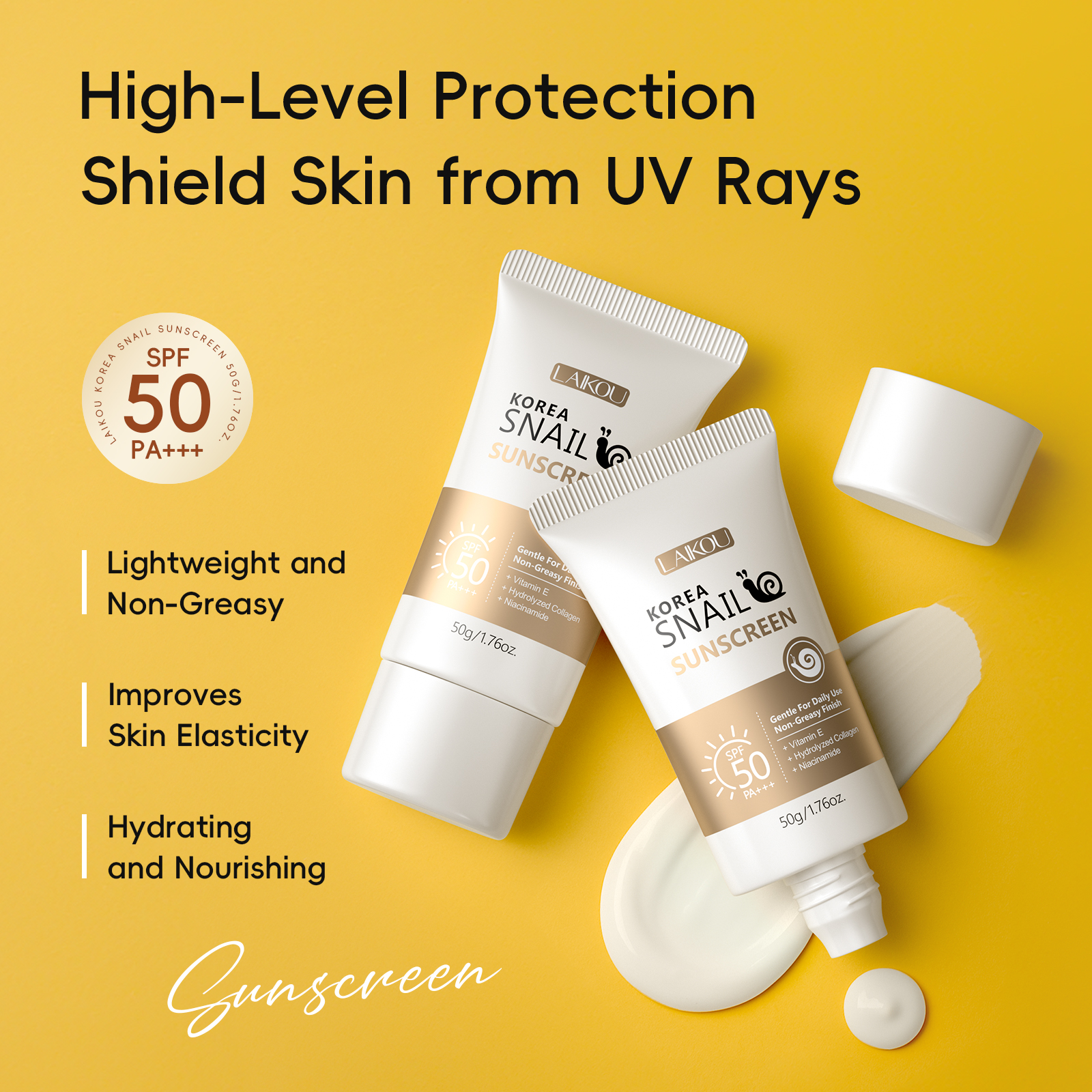 LAIKOU Snail Sunscreen SPF50 PA+++ Moisturizing Age Defense Korean Beauty Product 50g