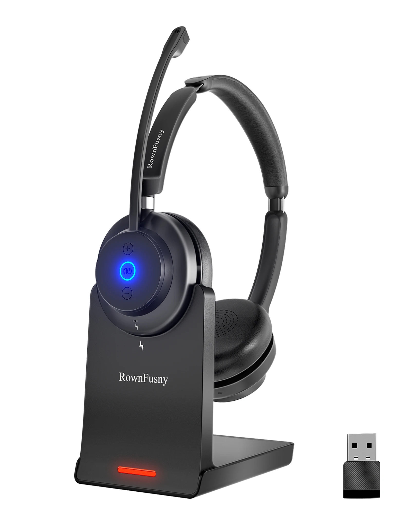 Rownfusny R02 Wireless Headset with Mic for Work USB Dongle Bluetooth Over Ear Headphones for Call Center Noise Cancelling