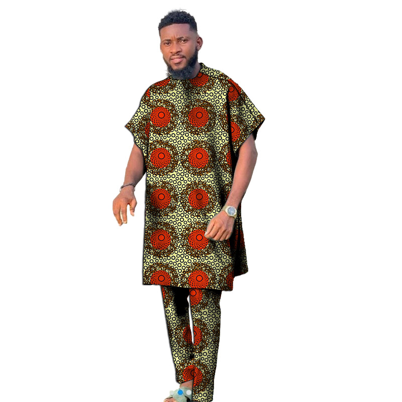 Short Sleeves Men Set Nigerian Style Colorful African Couture Dashiki Tops With Pant Groom Suit Male Traditional Garment