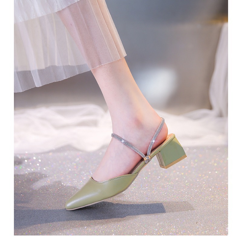 new Korean version fashion rhinestone toe slippers thick-heeled pointed women's summer Hong Kong style two-wear sandals