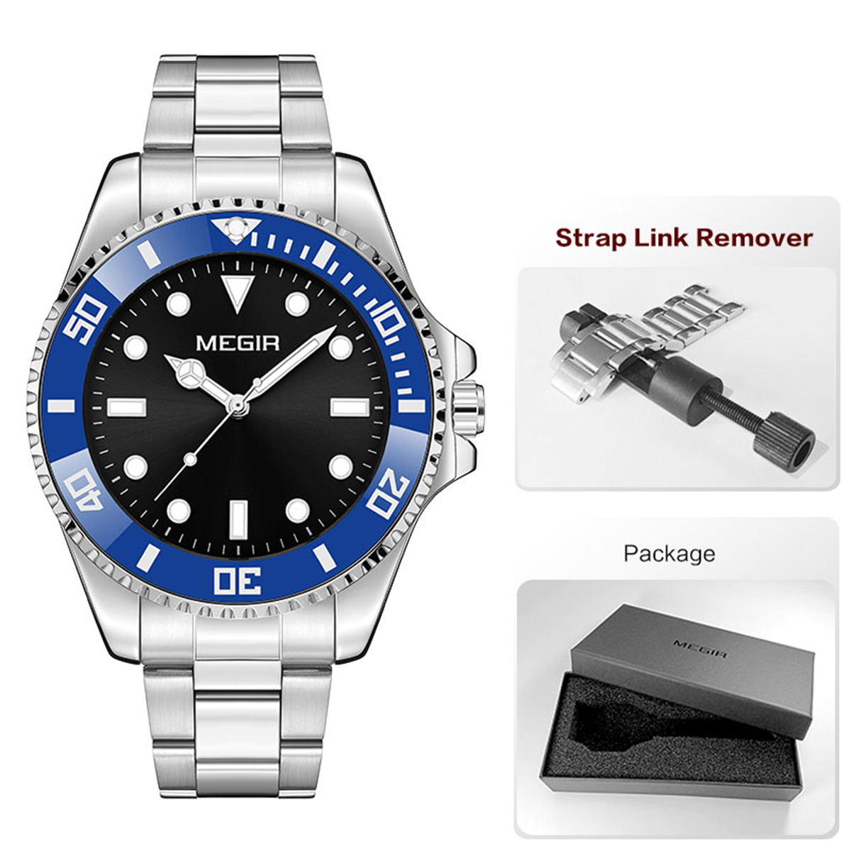 MEGIR Men's Minimalist Quartz Watch with Luminous Hands Calendar Date Stainless Steel Band Simple Business Style Wristwatch