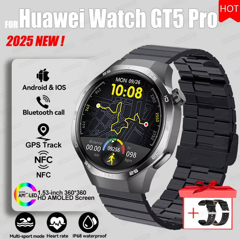 2025 For HUAWEI GT5 Pro GPS Track Smart Watch Men 360*360 AMOLED Screen NFC BT Call Waterproof Health Monitor Man Smartwatches