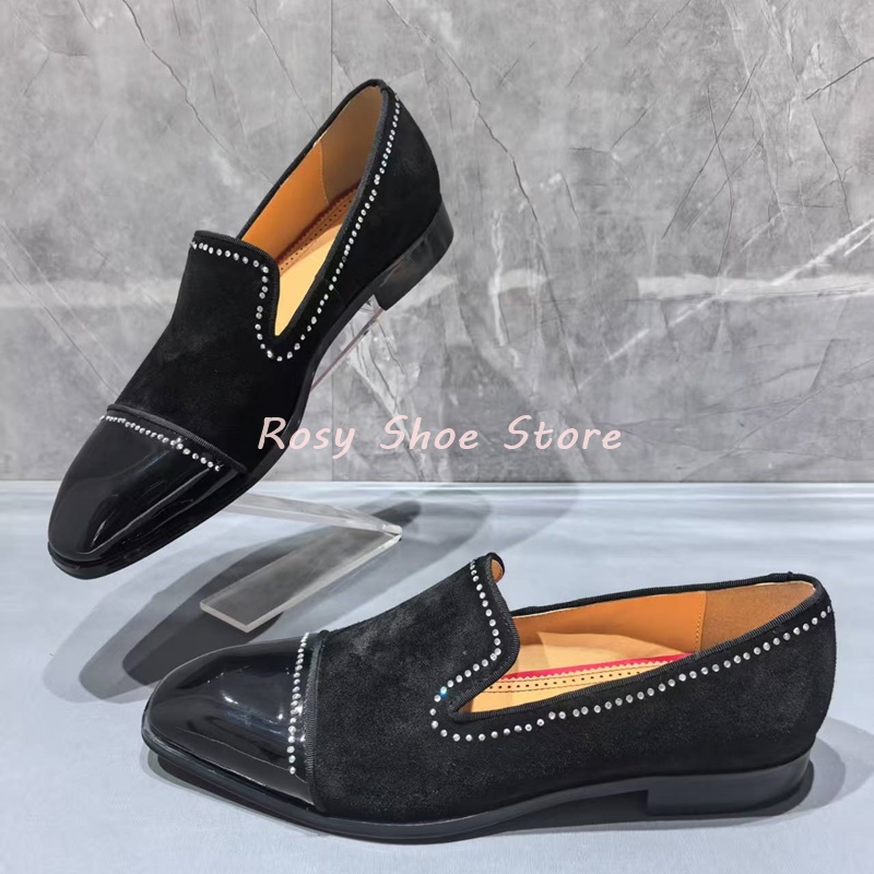 Men's Black Patent Suede Splicing Diamond Embellished Loafers Trendy Men's Formal Leather Shoe Casual Business Shoe Wedding Shoe