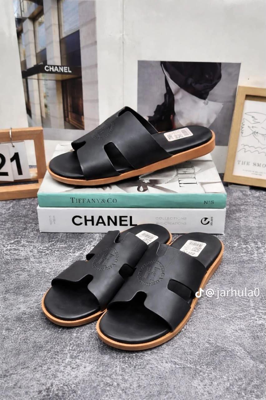 Chanel-Style Grey Leather Slide Sandals