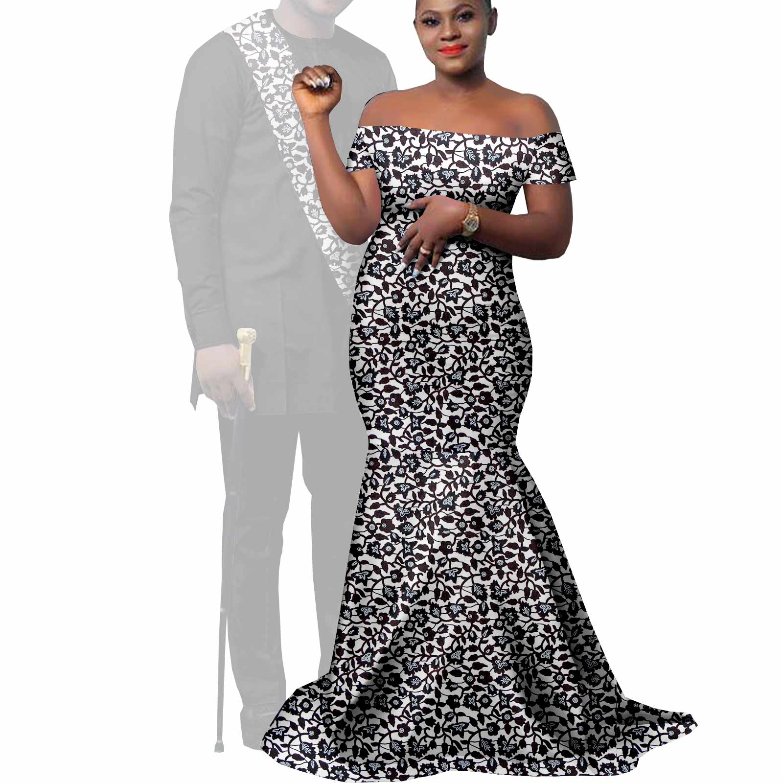 African Clothes for Couples Bazin African Print Long Dresses for Women Match Men Outfits Dashiki Top and Pants Sets Y22C023