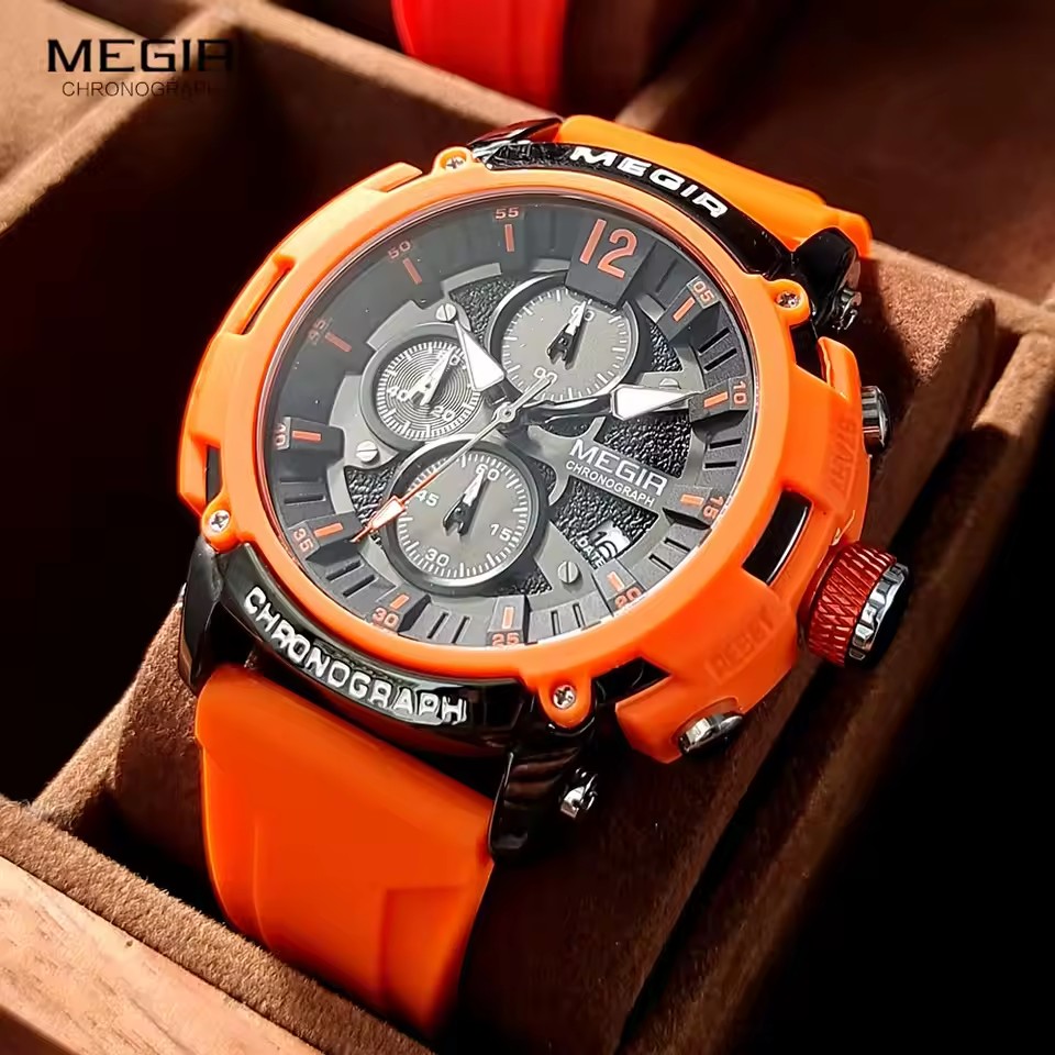 MEGIR 2208 Sport Factory Watches for Men Big Dieal Silicone Strap 3D Scale Waterproof Luminous Chronograph Quartz Wristwatch