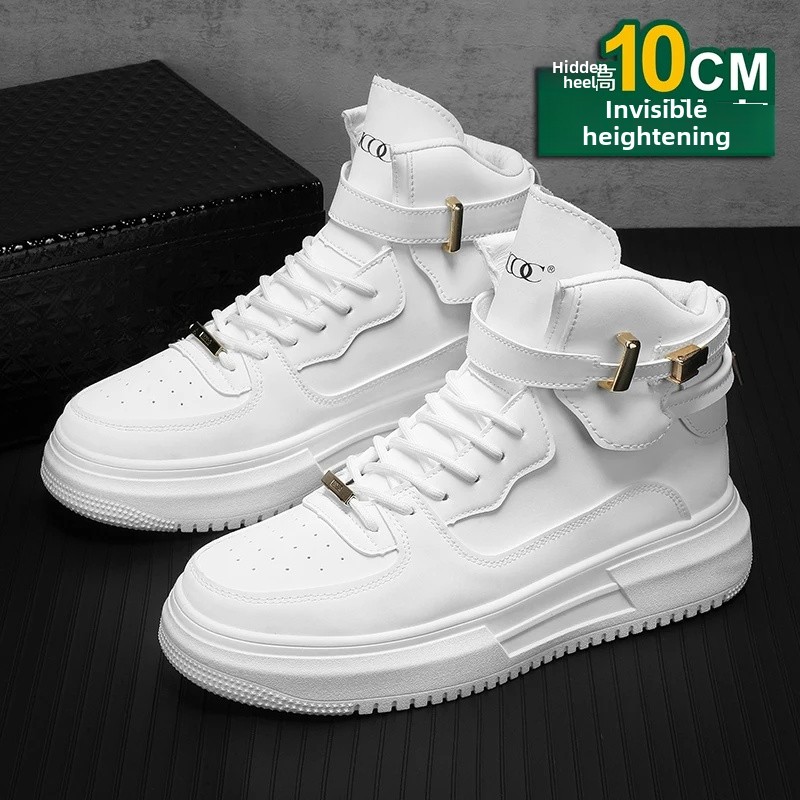 New Autumn/Winter Men's Casual Sneakers 12cm Increased Height 10cm Thick Sole White Shoes High Top Rubber Base Male Footwear