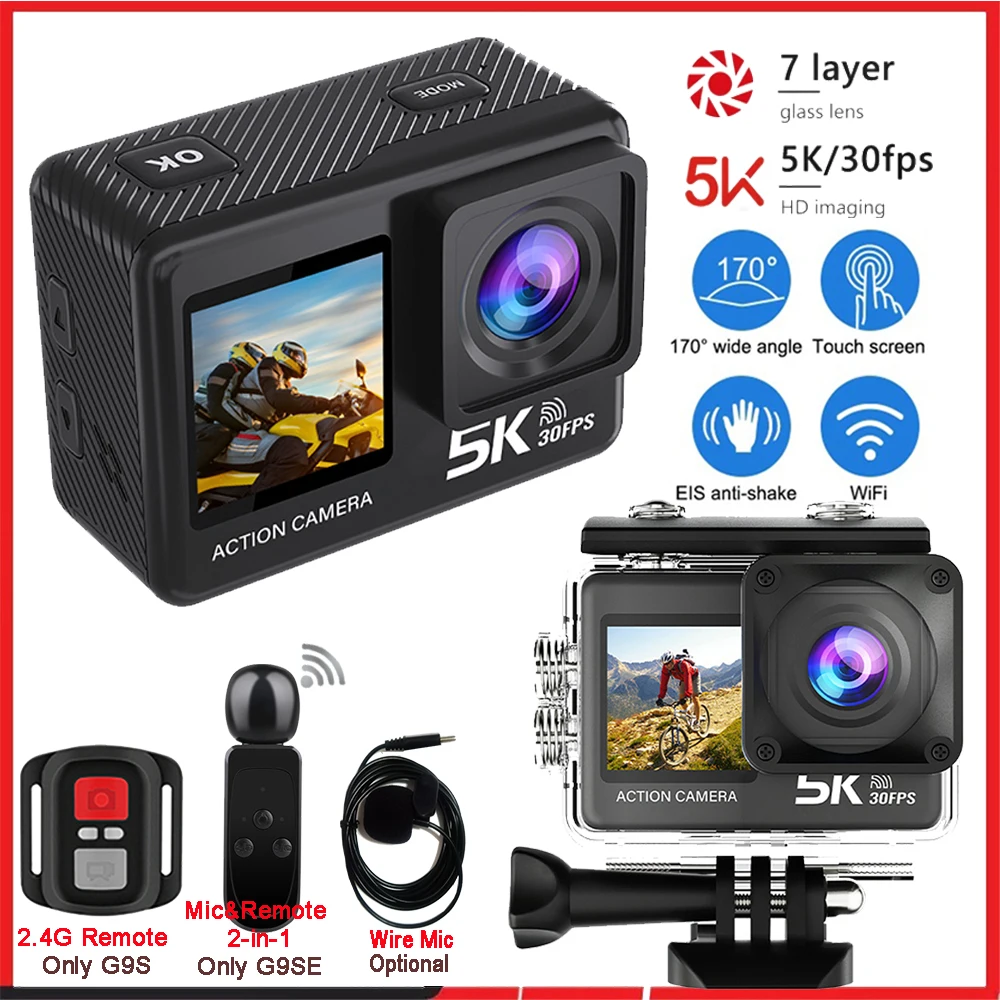 Action Camera 5K 4K60FPS 50MP 2.0 Touch EIS Pre-Record Wireless Mic Wi-Fi 170D DVR Webcam Waterproof 30M 5X Zoom Sports Camera