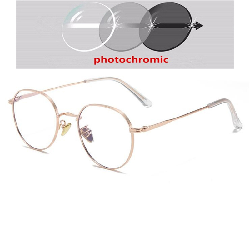 Metal Anti Blue Light Polygon Myopia Glasses Finished Women Men Photochromic Gray Prescription Eyeglasses 0 -50 -75 -100 To -400