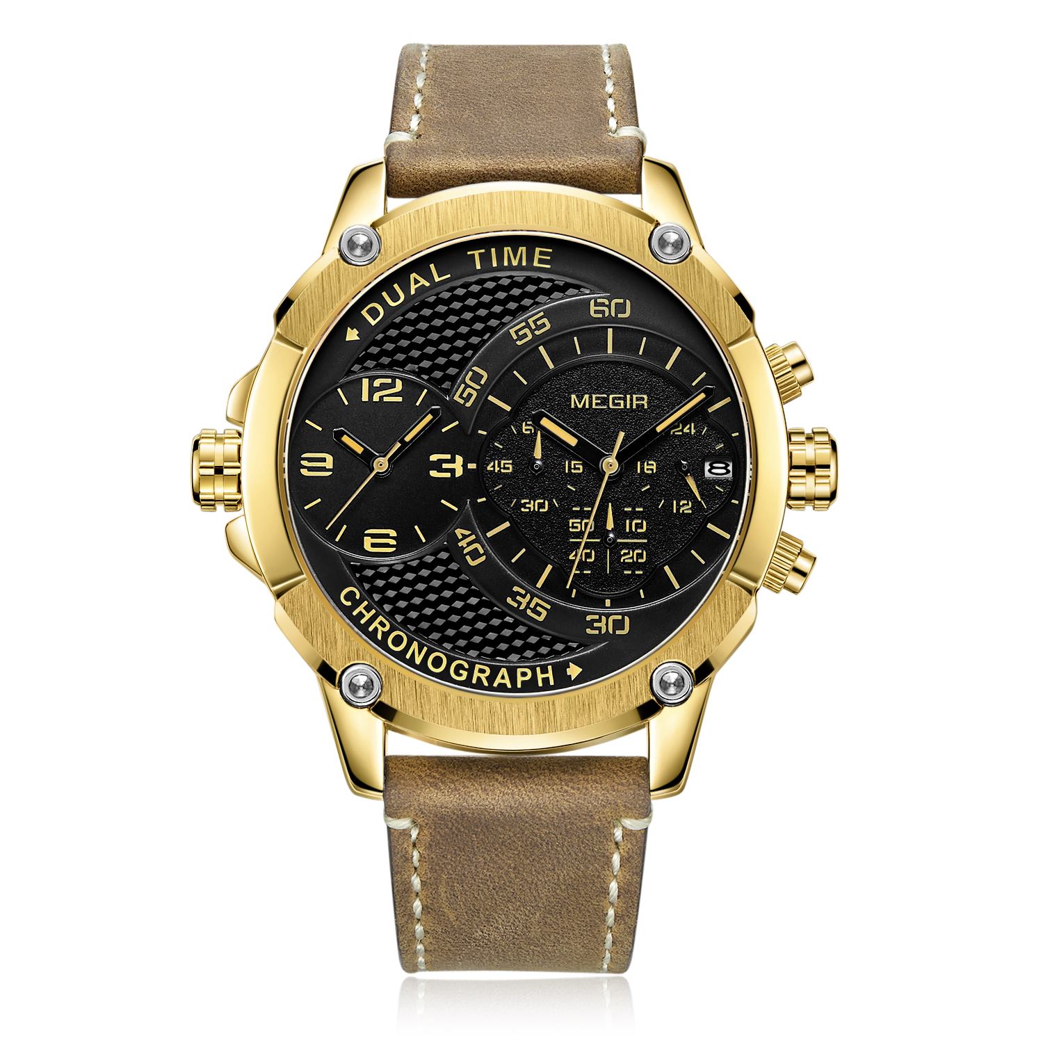 MEGIR Men's Casual Chronograph Luxury Leather Strap Quartz Sport Wristwatch Clock Waterproof Man Business Watches Reloj Hombre