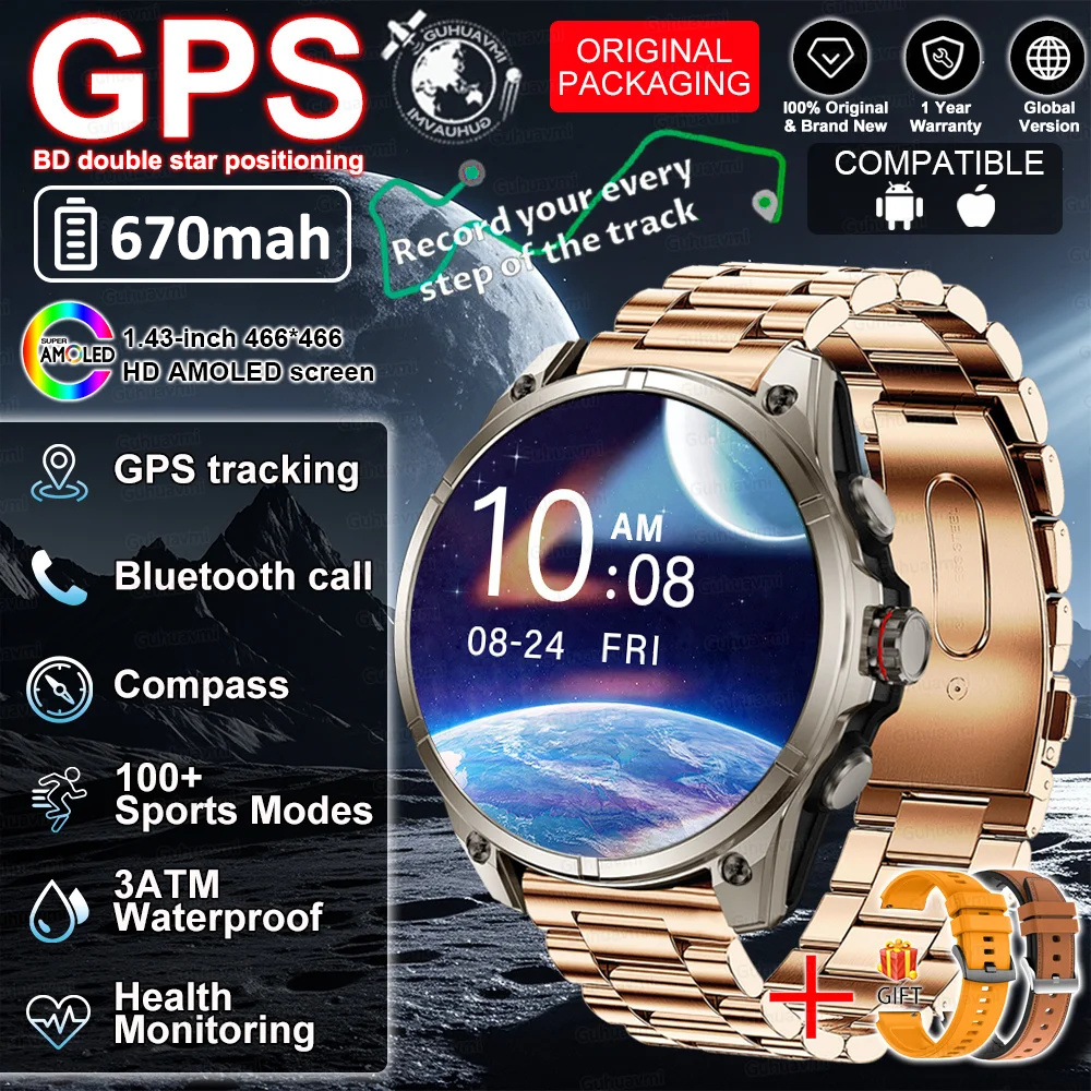 2026 GPS Smartwatch Outdoor Sports Waterproof Flashlight 1.43inch AMOLED Custom dial Call Compass Smart Watches For Android IOS