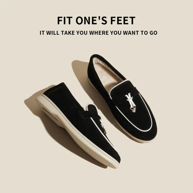 New Fleece Lined Genuine Leather Slip-On Loafers Flat Bottom Casual Shoes Men's Comfortable Soft Sole round Toe Flat Heel