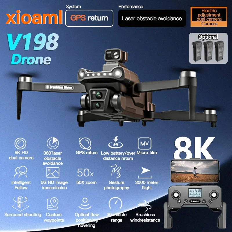 For Xiaomi V198GPS Drone 8K Profesional Camera Brushless Obstacle Avoidance Aerial Optical Foldable Quadcopter Mini Drone kidtoy