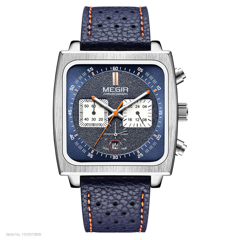 MEGIR Blue Square Dial Watch for Men Casual Sport Leather Strap Chronograph Quartz Wristwatch with Date 24-hour 3atm Waterproof