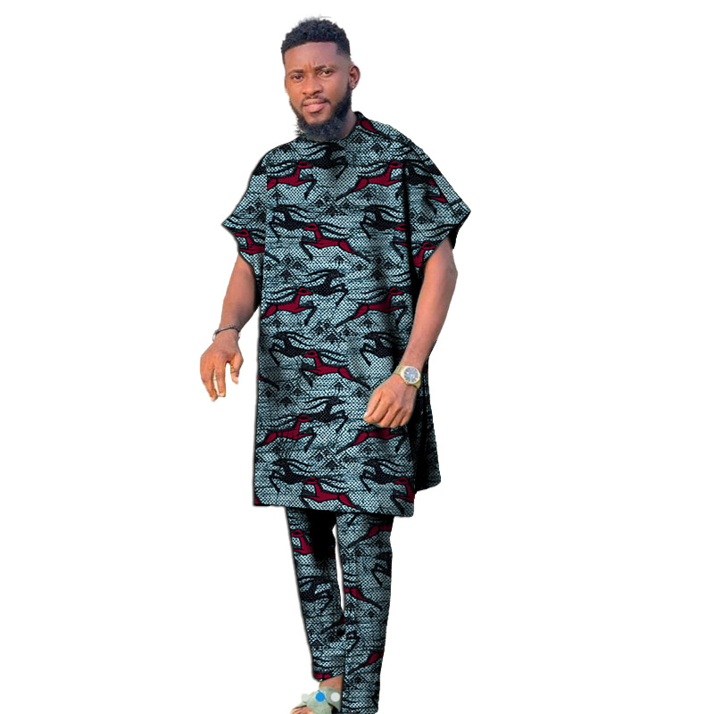 Short Sleeves Men Set Nigerian Style Colorful African Couture Dashiki Tops With Pant Groom Suit Male Traditional Garment