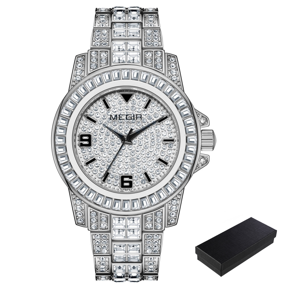 MEGIR Quartz Watch for Men Luxury Diamonds Golden Watch Man Waterproof Rhinestone Wrist Watch Business Men's Steel Band Watches