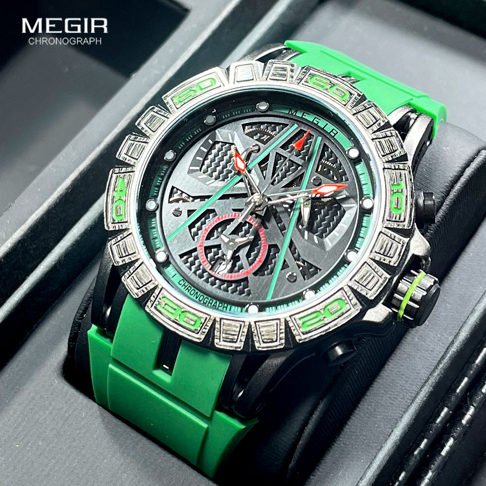 MEGIR 8110 Men's Quartz Watch Green Silicone Strap Chronograph Sport Wristwatch with Auto Date Luminous Hands 24-hour Waterproof