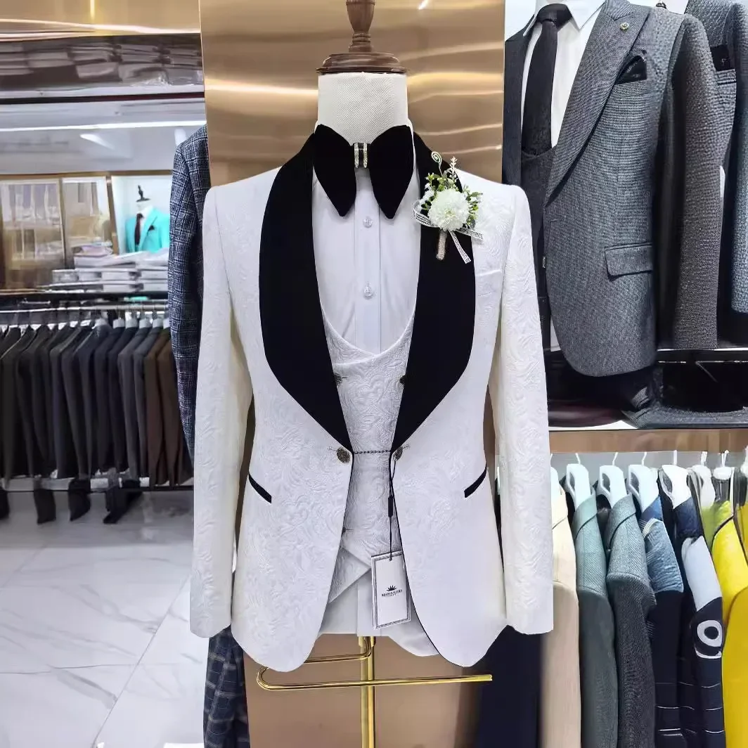 3 Pcs Floral Wedding Suits for Men Slim Fit Shawl Lapel Groom Tuxedo Groomsmen Formal Prom Suit Jacket with Pants Vest 2025