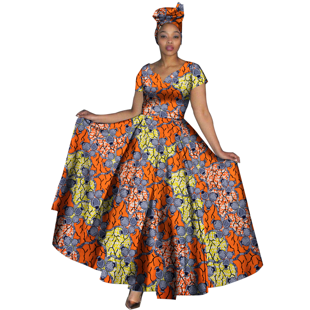 Fashion Women Clothes African Dresses Ankara Print V-neck Maix Long Dresses with Head Scarf Dashiki Women Outfit WY749