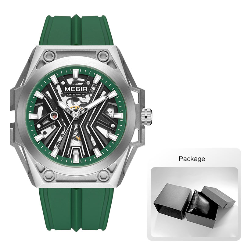 MEGIR Skeleton Dial Automatical Watch for Men Green Silicone Strap Waterproof Luminous Military Sport Mechanical Wristwatch