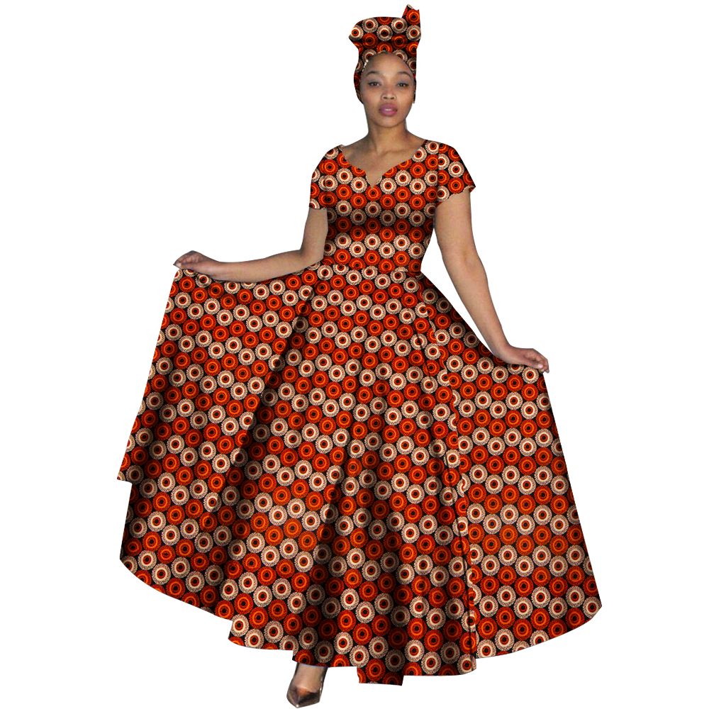 Fashion Women Clothes African Dresses Ankara Print V-neck Maix Long Dresses with Head Scarf Dashiki Women Outfit WY749