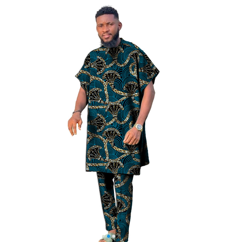 Short Sleeves Men Set Nigerian Style Colorful African Couture Dashiki Tops With Pant Groom Suit Male Traditional Garment