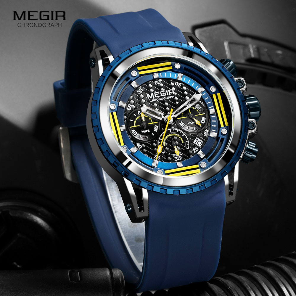 MEGIR Watches for Men Blue Silicone Strap Military Sport Watch Fashion Chronograph Quartz Wristwatch часы relogio reloj montre