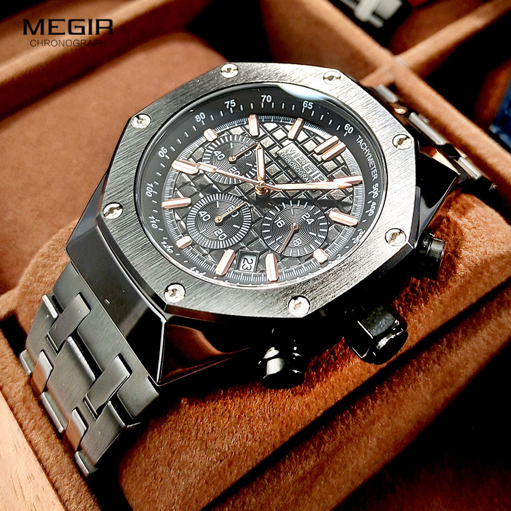 MEGIR Black Watch for Men Waterproof Luminous Chronograph Quartz Wristwatch with 24-hour Auto Date Stainless Steel Strap 2213