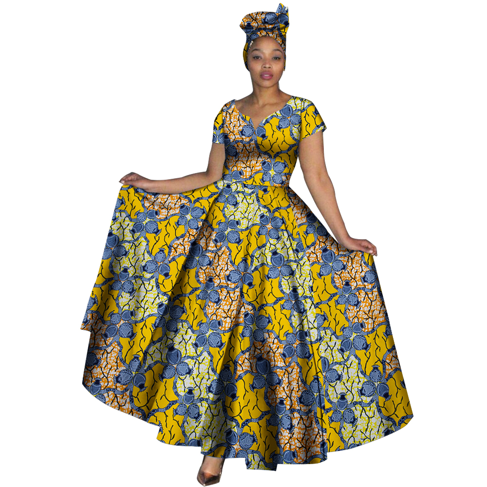 Fashion Women Clothes African Dresses Ankara Print V-neck Maix Long Dresses with Head Scarf Dashiki Women Outfit WY749