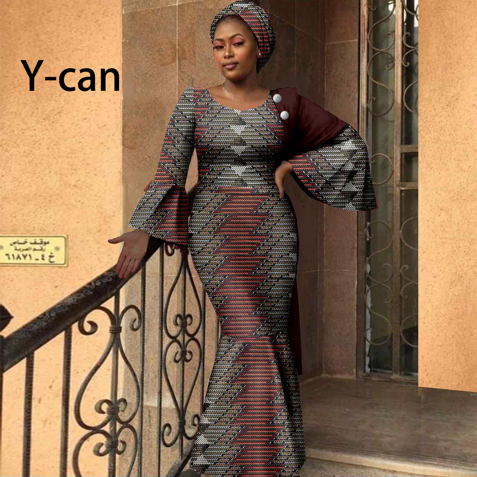 African Women Dresses Dashiki Ankara Print Slim Long Dress with Headwrap Bazin Riche Ladies Outftis Party Vestidos Y2225023