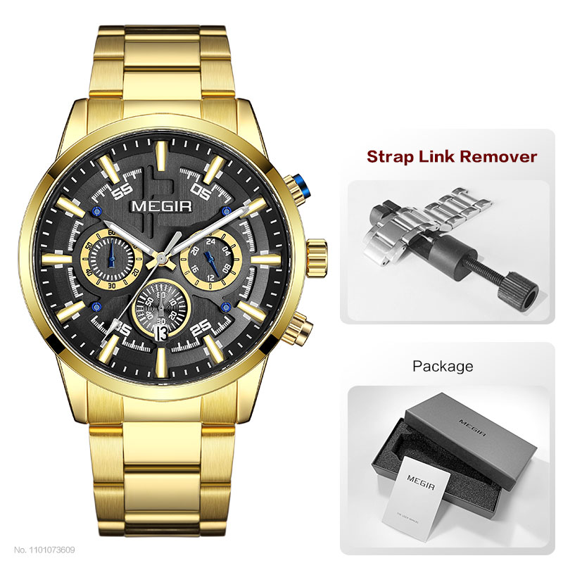 MEGIR Formal Dress Watch Men Luminous Chronograph Quartz Wristwatch with Stainless Steel Strap Auto Date 24-hour Black Rose Gold