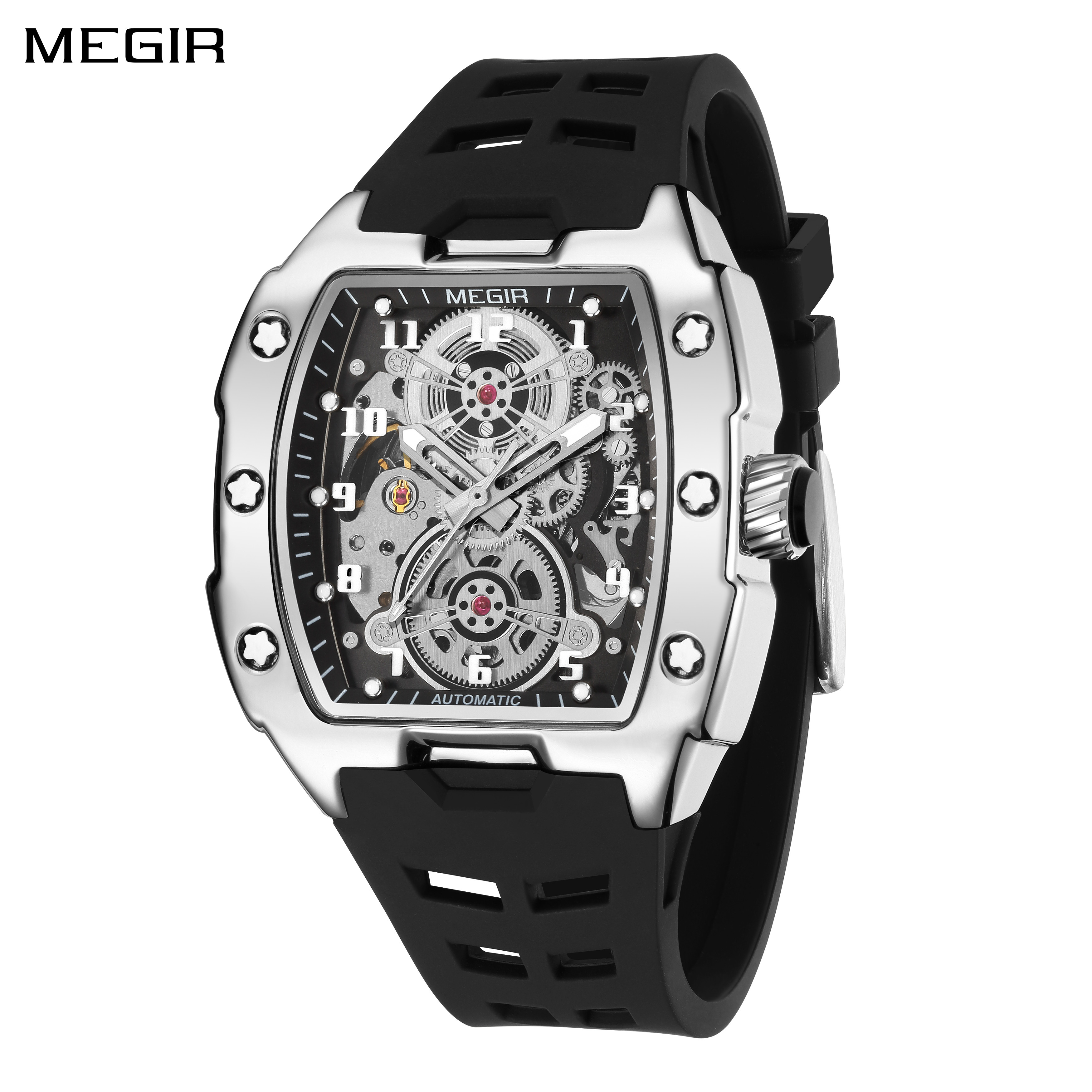MEGIR Black Silicone Bracelet Men's Mechanical Watch Luxury Automatic Movement Skeleton Men Wristwatch Luminous Hands Watches