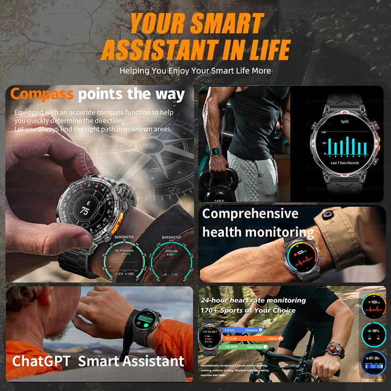 2025 New Military T-Rex3 GPS Smart Watch 5ATM Waterproof 650mAh Battery Heart Rate Compass AI GPT Sports tracker Smartwatch Men