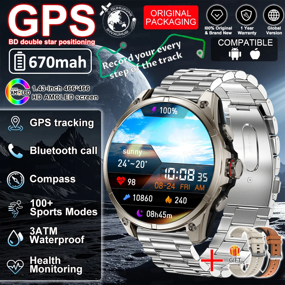 2026 GPS Smartwatch Outdoor Sports Waterproof Flashlight 1.43inch AMOLED Custom dial Call Compass Smart Watches For Android IOS