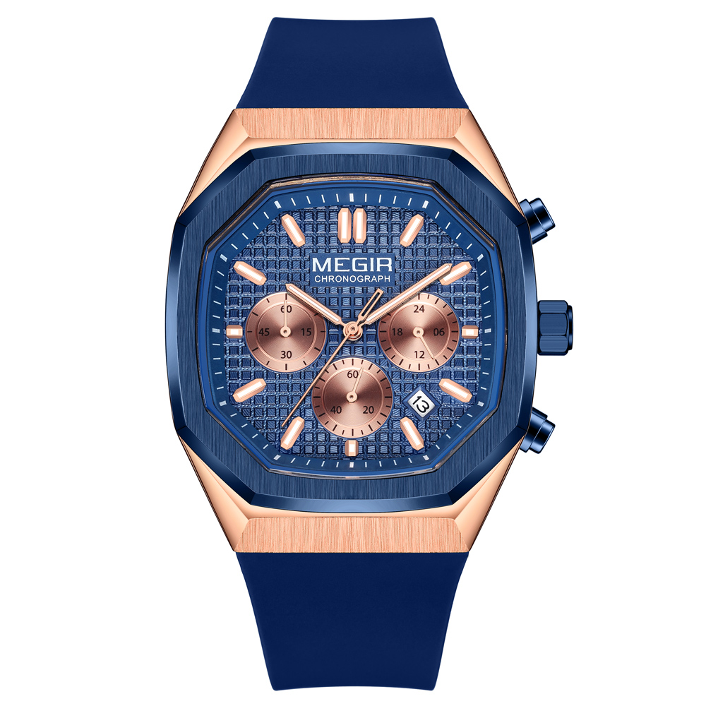 MEGIR Octagon Dial Silicone Strap Watch for Men Casual Yellow Chronograph Quartz Male Student Wristwatch with Date 24-hour 2215