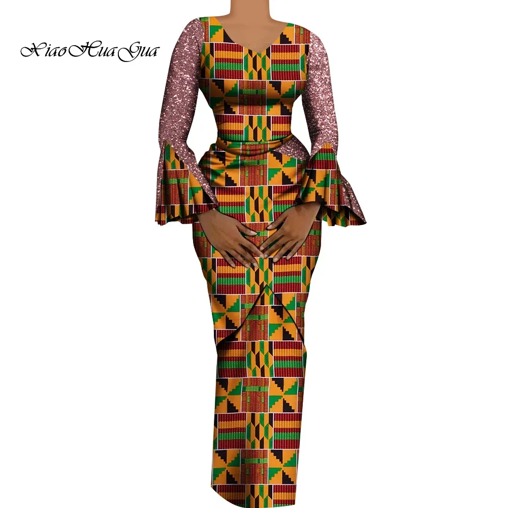 Women African Outfits 2 Pieces Set Shiny Flare Sleeves V Neck Tops and Long Pencil Skirts African Clothes for Women WY9972