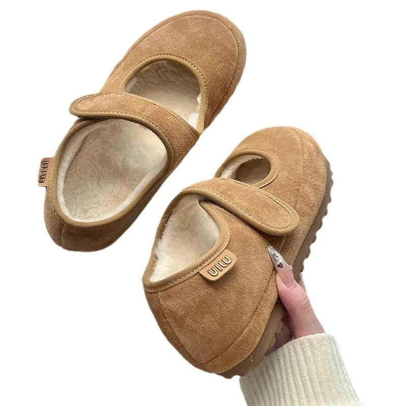 Thick Heel Mary Janes Women's Shoes Fleece Lined Casual Fur Slip-On Autumn Winter Rubber Sole round Toe Commuter Style Shoes