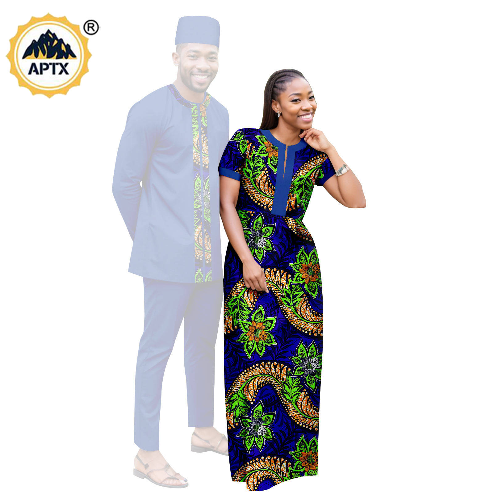 Dashiki African Clothes Print Long Dresses for Women Matching Couple Outfits Bazin Riche Men Hat Top Tee and Pant Sets Y23C119