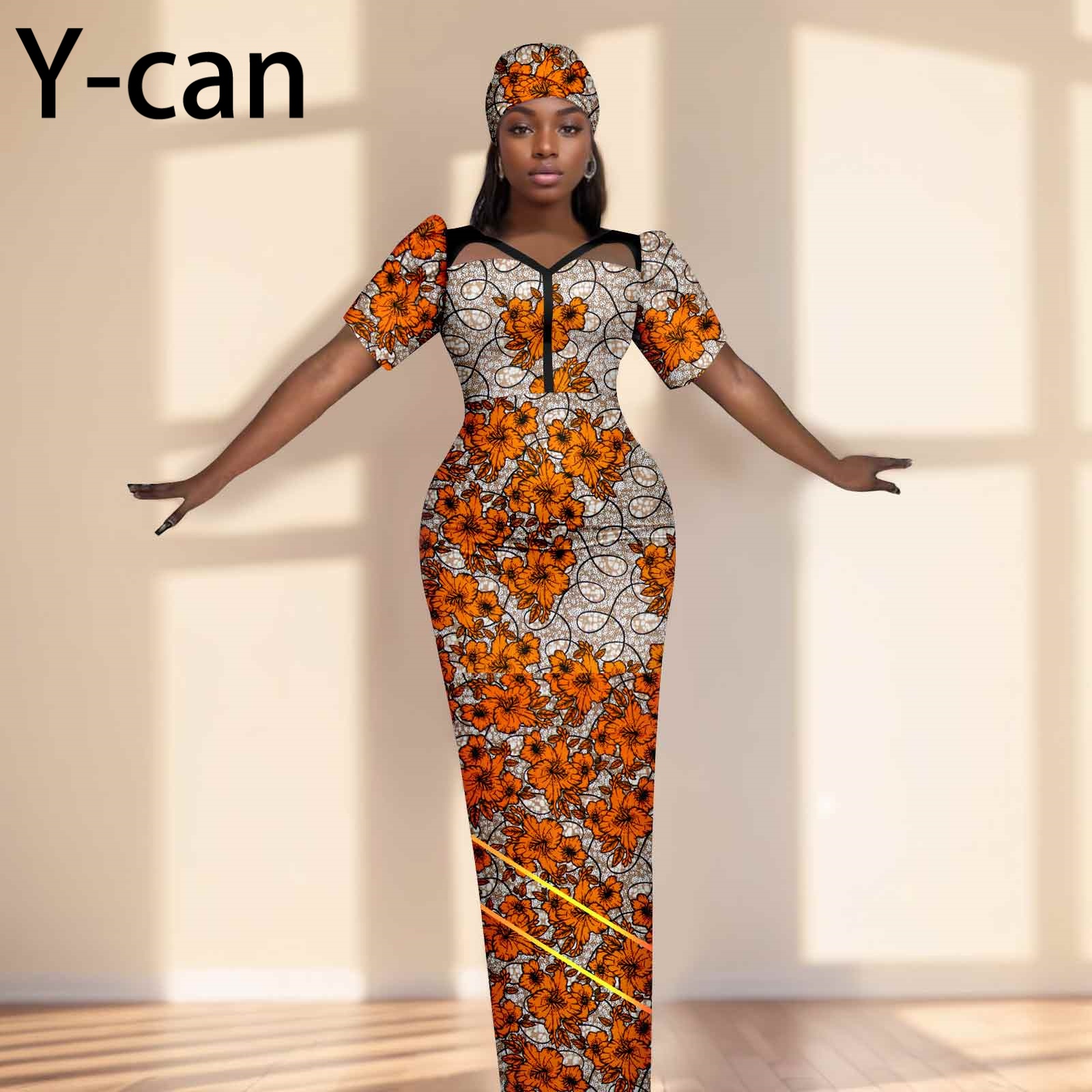 Party Gown African Dresses for Women Slim Fit Short Sleeve Dress Evening Vestidos with Headwrap Dashiki Ankara Print 2525071