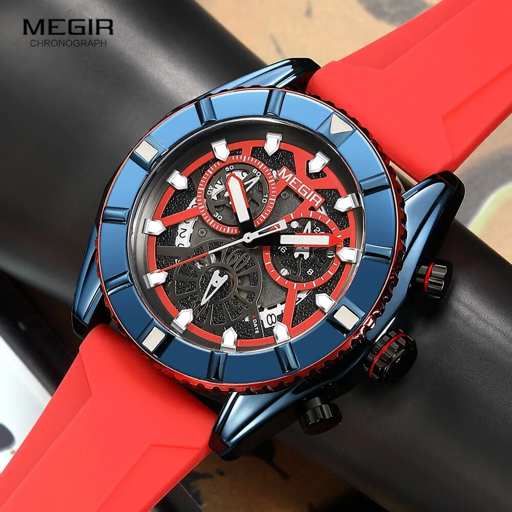 MEGIR Chronograph Quartz Watch for Men Fashion Red Silicone Strap Wrist Watches Man with Luminous Hands Auto Date часы relogios