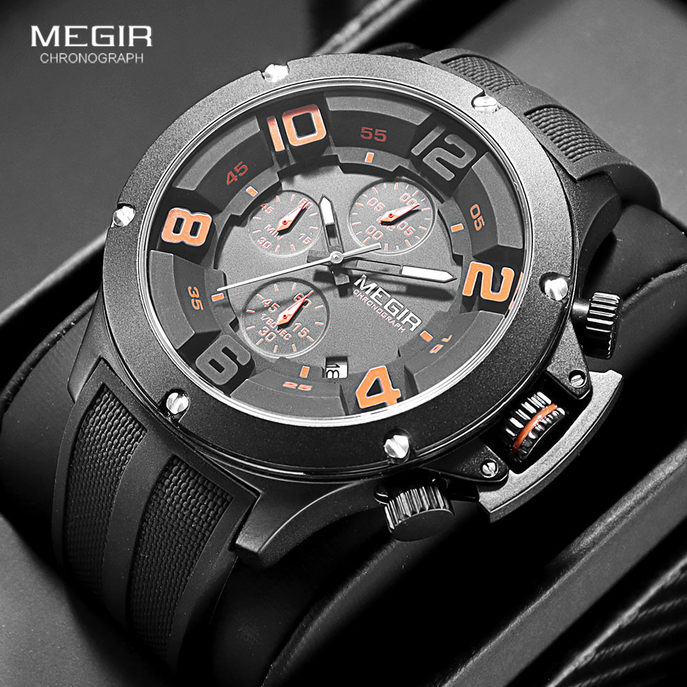 MEGIR Military Sport Quartz Watch Men Fashion Waterproof Wristwatch with Silicone Strap Luminous Hands Date Chronograph Black