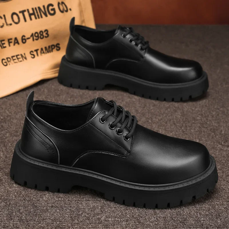 Men's Derby Shoes Business Casual Thick Bottom Large Head Trendy Shoes New Model Heightening Leather Shoes round Toe Rubber Sole