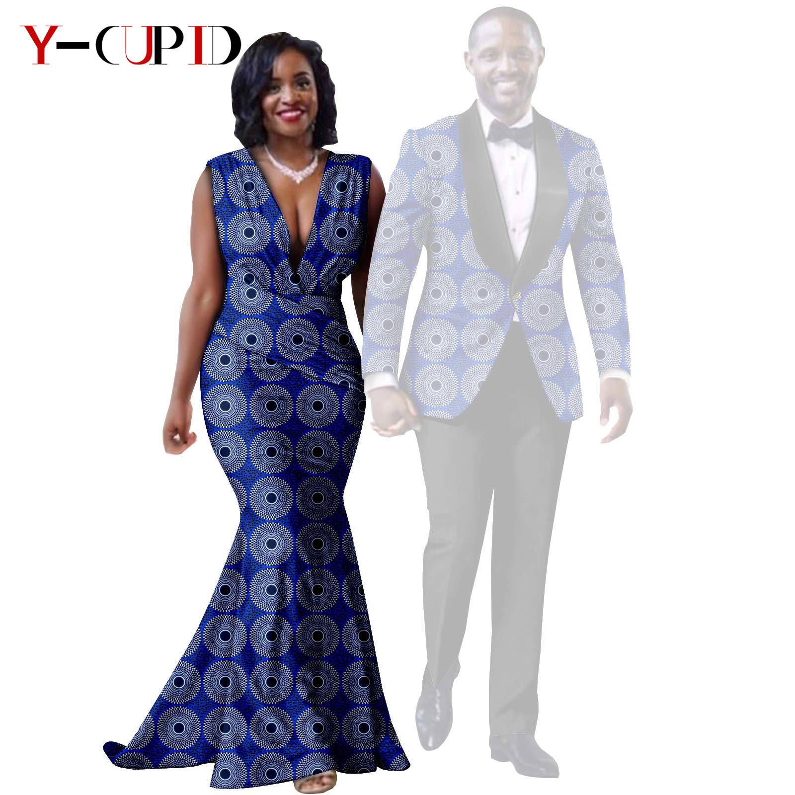 African Print Long Mermaid Dresses for Women Matching Couple Clothes Men Suits Top and Pant Sets Dashiki Party Wedding 25C005