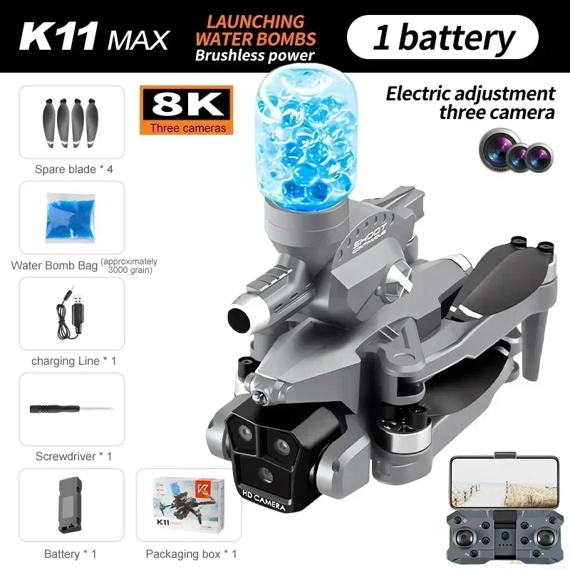 K11 MAX Drone 8K HD Foldable FPV ESC RC Tripple Camera Optical Flow Positioning Brushless Lauching Water Bombs