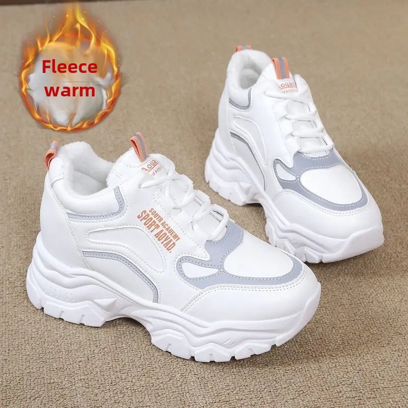 Women's Winter Thickened Sole Fleece Lined Casual Sporty Dad Shoes Trendy Flat Footwear Comfortable Slip-On Sneakers