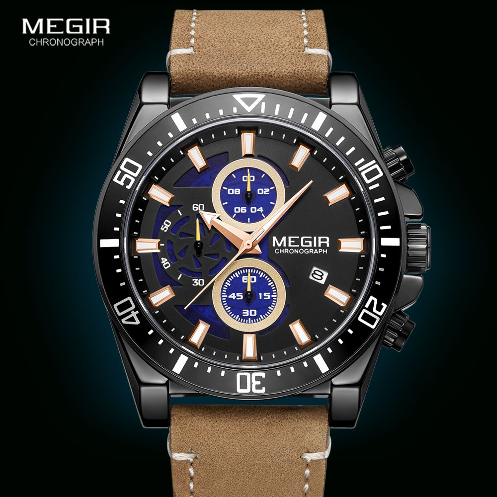 MEGIR Men's Watches Quartz 2020 Luxury Casual Leather Strap Sport Watch for Man Fashion Waterproof Luminous Chronograph Watch