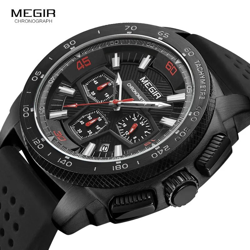 MEGIR Men's Sportz Chronograph Quartz Watches Army Military Waterproof Luminous Wristwatch for Man Silicone Strap 2056G-BK-1