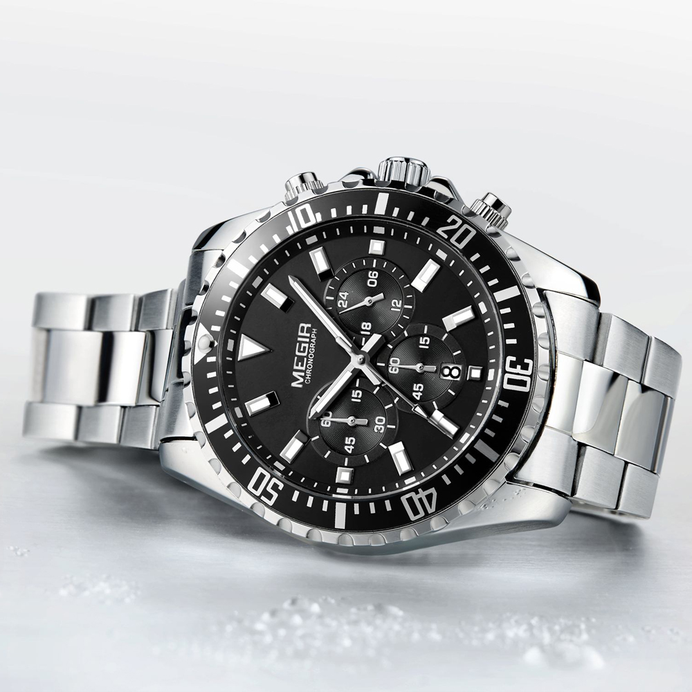 MEGIR Men's Stainless Steel Waterproof Luminous Wristwatch Chronograph Sport Quartz Analogue white Three-eyes Watches for Mens