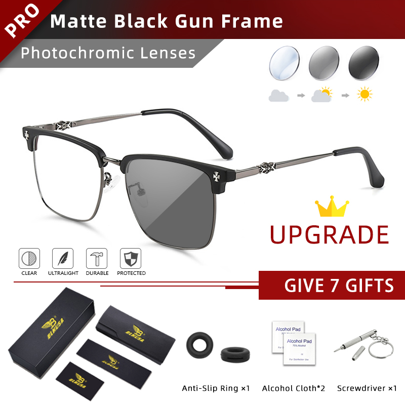 BLMUSA Men Classic Chrome Style Hearts Reading Glasses Anti Blue Light Myopia Glasses Photochromic Prescription Optical Eyewear