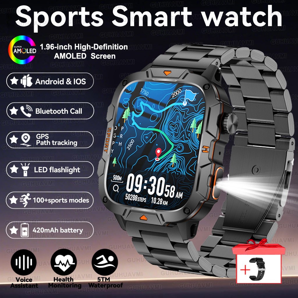 2025 For Xiaomi Outdoor Sports Smart Watch GPS trackr 5ATM Flashlight 1.96" HD Display Screen Bluetooth call Men Fitness Watches